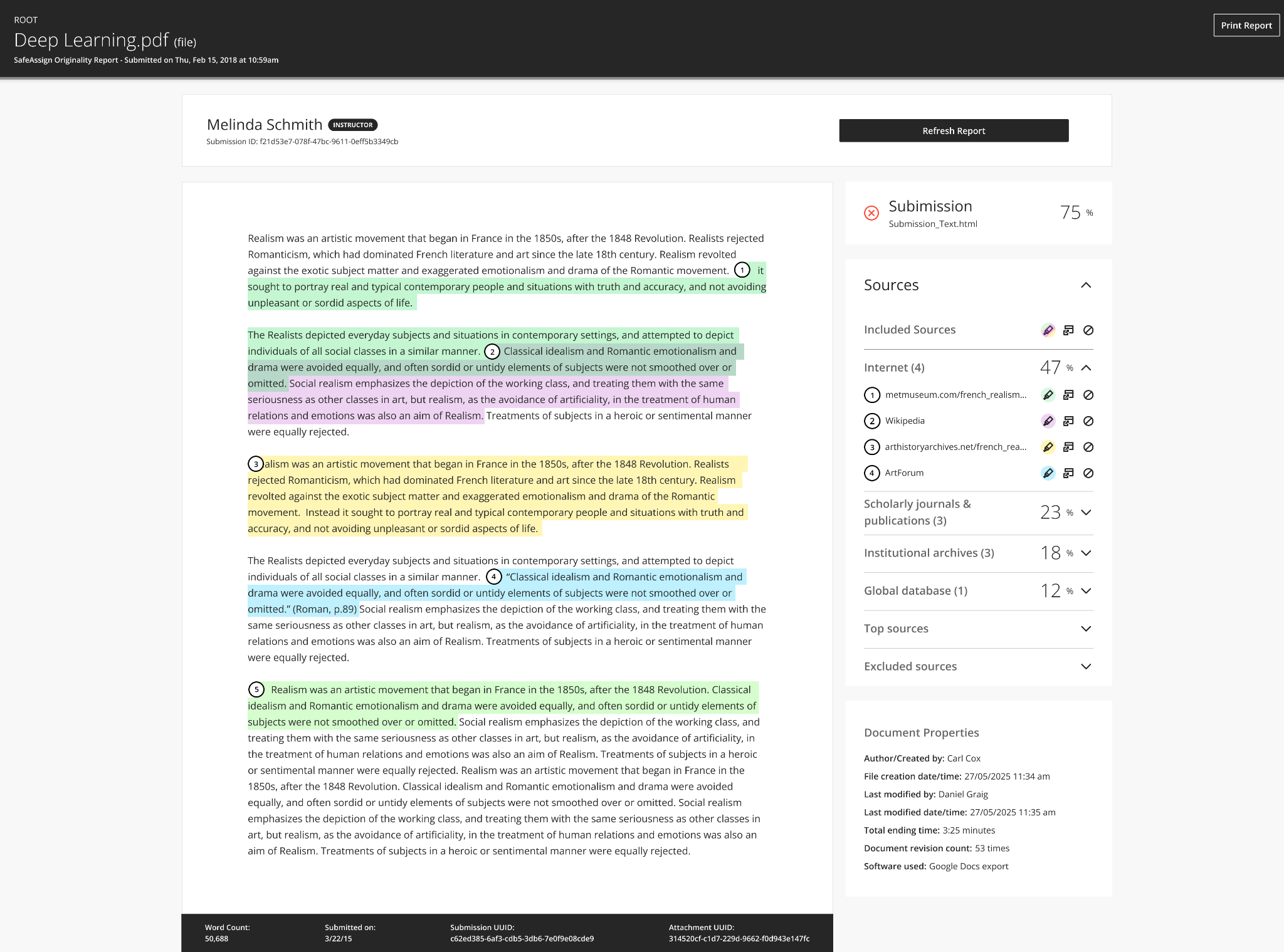 SafeAssign originality report for "Deep Learning.pdf" showing 75% total match with color-highlighted plagiarized passages.