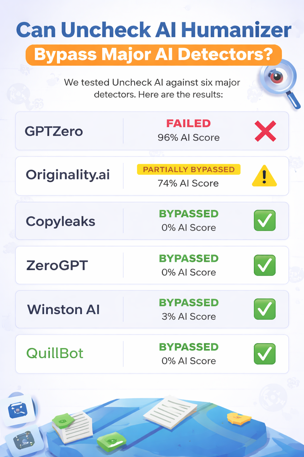 Graphic depicting how Uncheck AI humanizer performed against six major AI detectors.