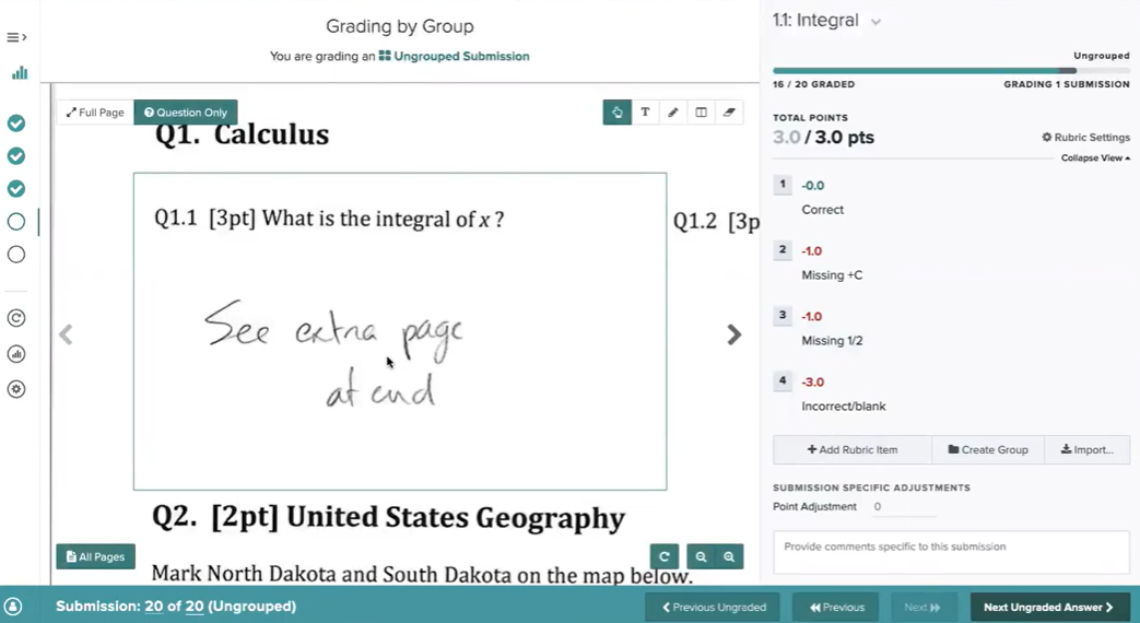 Gradescope grading interface showing a handwritten calculus answer.