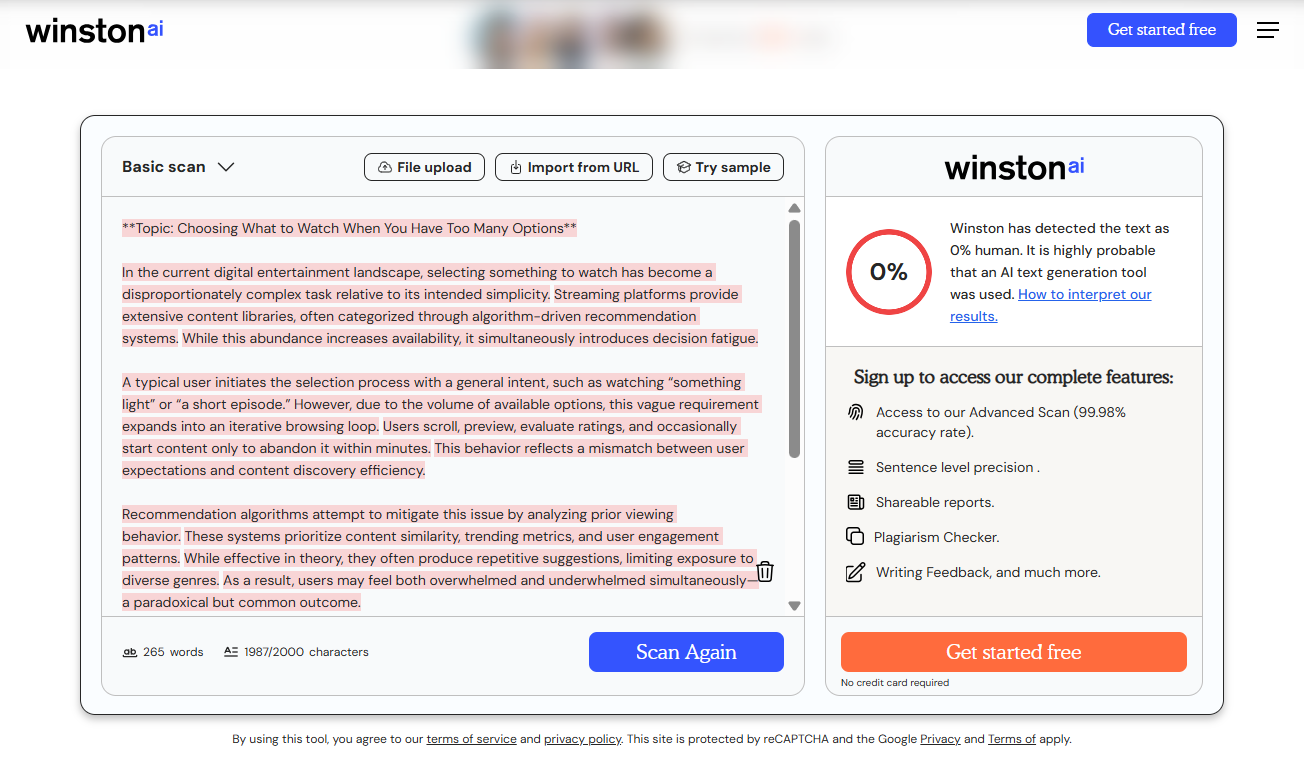 Winston AI score (100% AI) for ChatGPT-generated text.