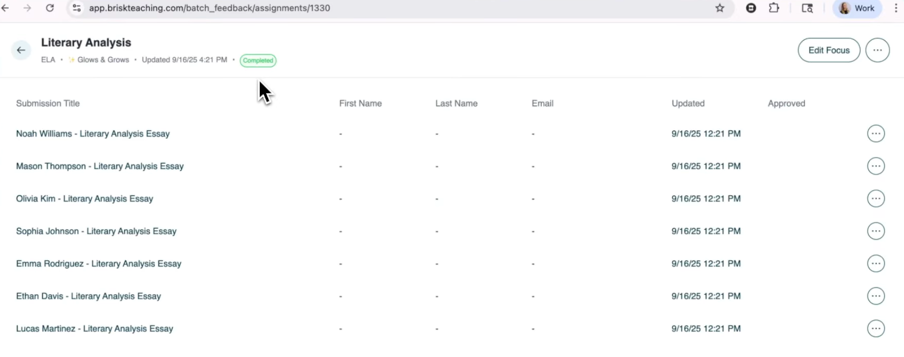 Brisk Batch Feedback dashboard listing seven student literary analysis essays marked Completed.