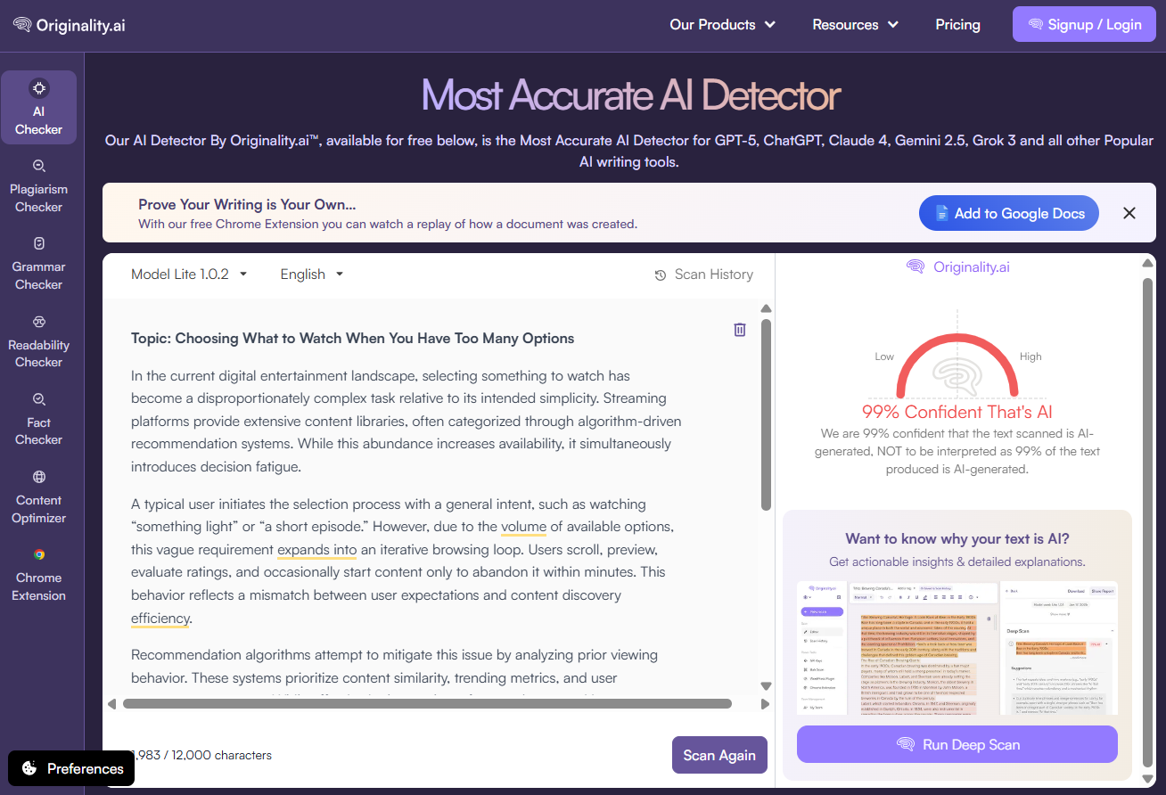 Originality.ai’s AI score (99% AI) for ChatGPT-generated text.