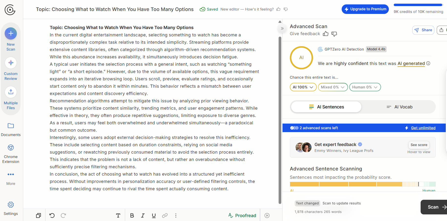 GPTZero’s AI score (100% AI) for ChatGPT-generated text.