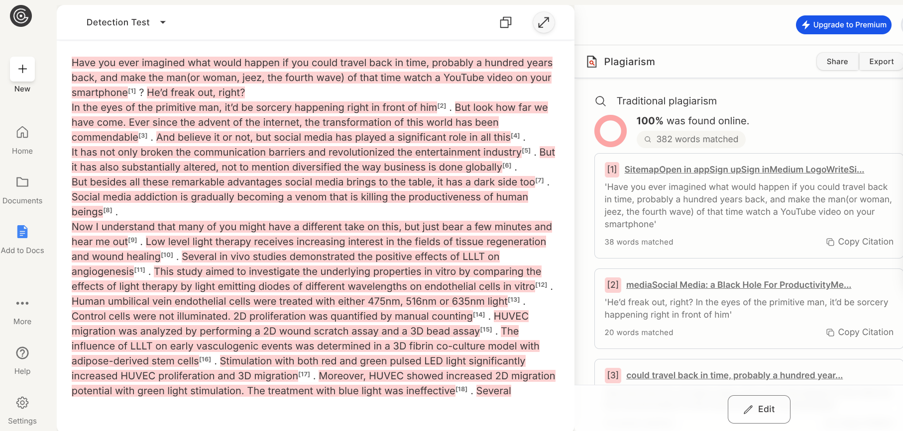 GPTZero plagiarism checker interface showing a sample submission flagged with 100% traditional plagiarism and matched online sources listed on the right panel.