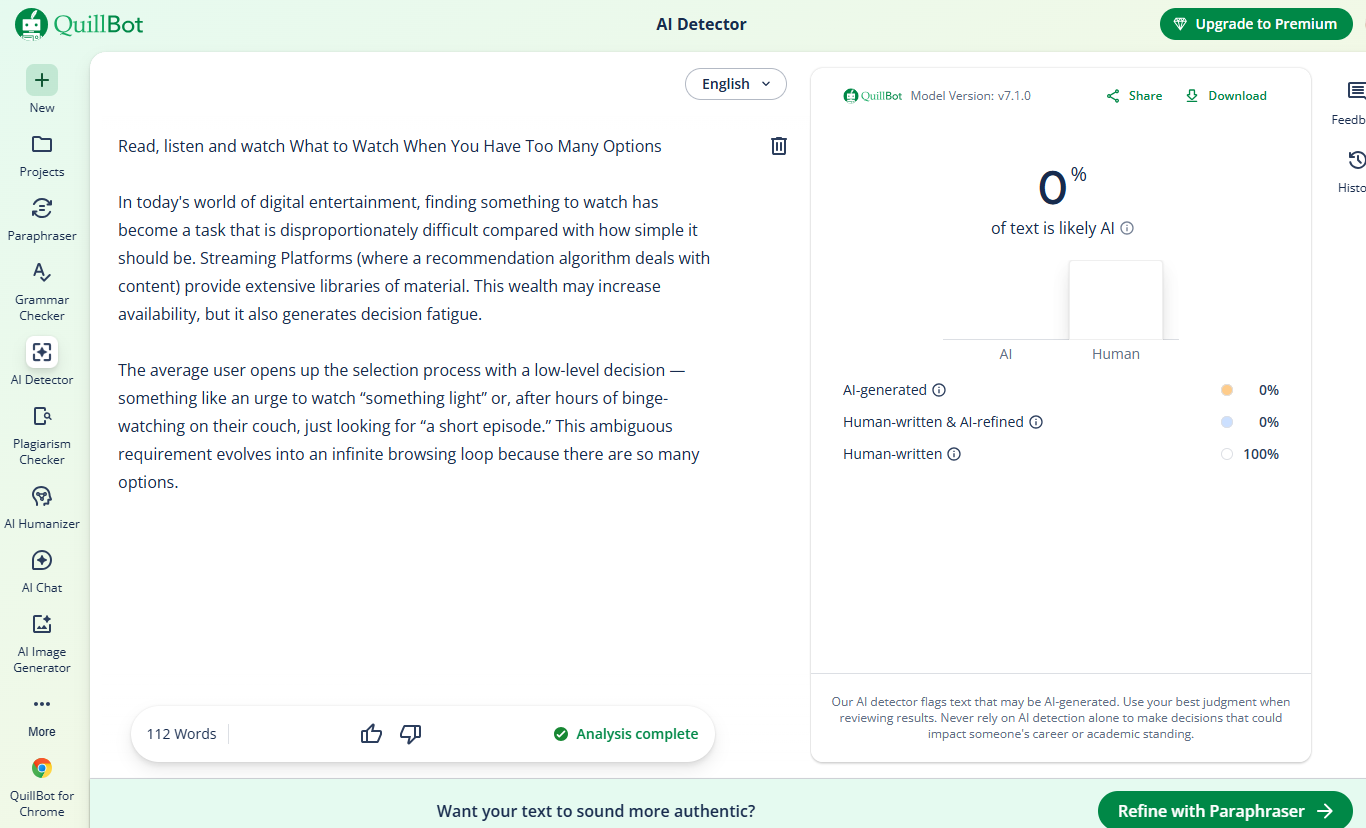 QuillBot’s AI score (0% AI) on Uncheck AI’s Humanized version of ChatGPT text.