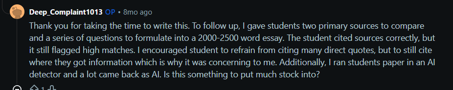 Reddit comment a user describing how SafeAssign flagged high matches on a student essay despite proper citations.