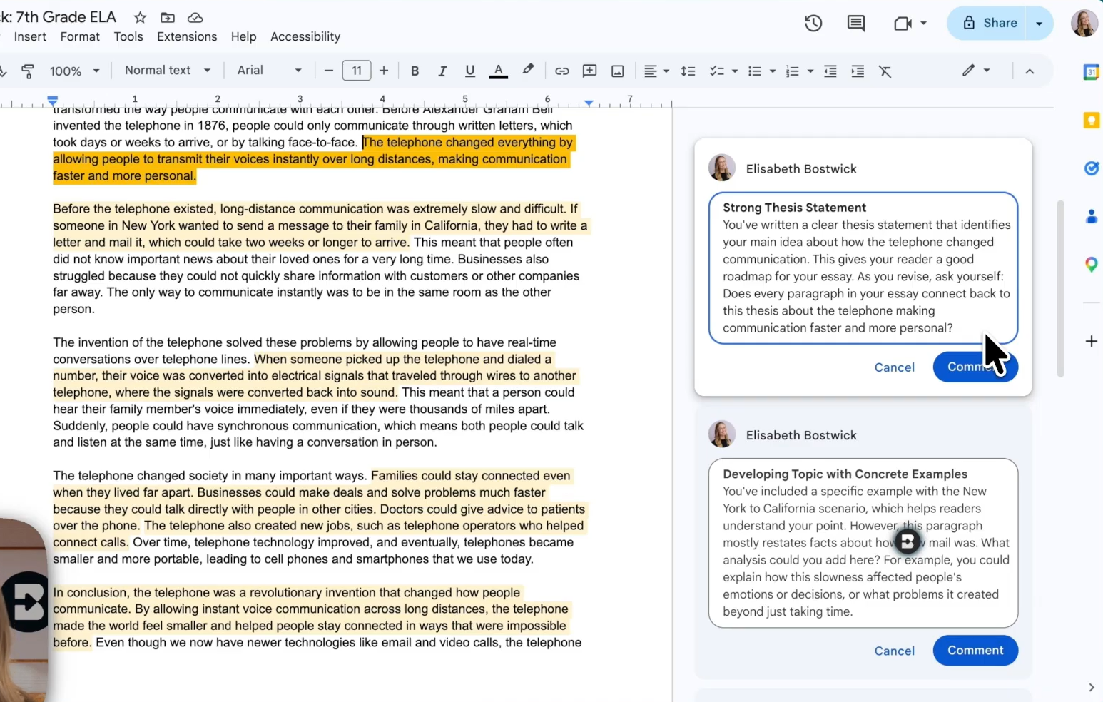 Google Doc essay with two Brisk-generated comments addressing thesis strength and use of concrete examples.