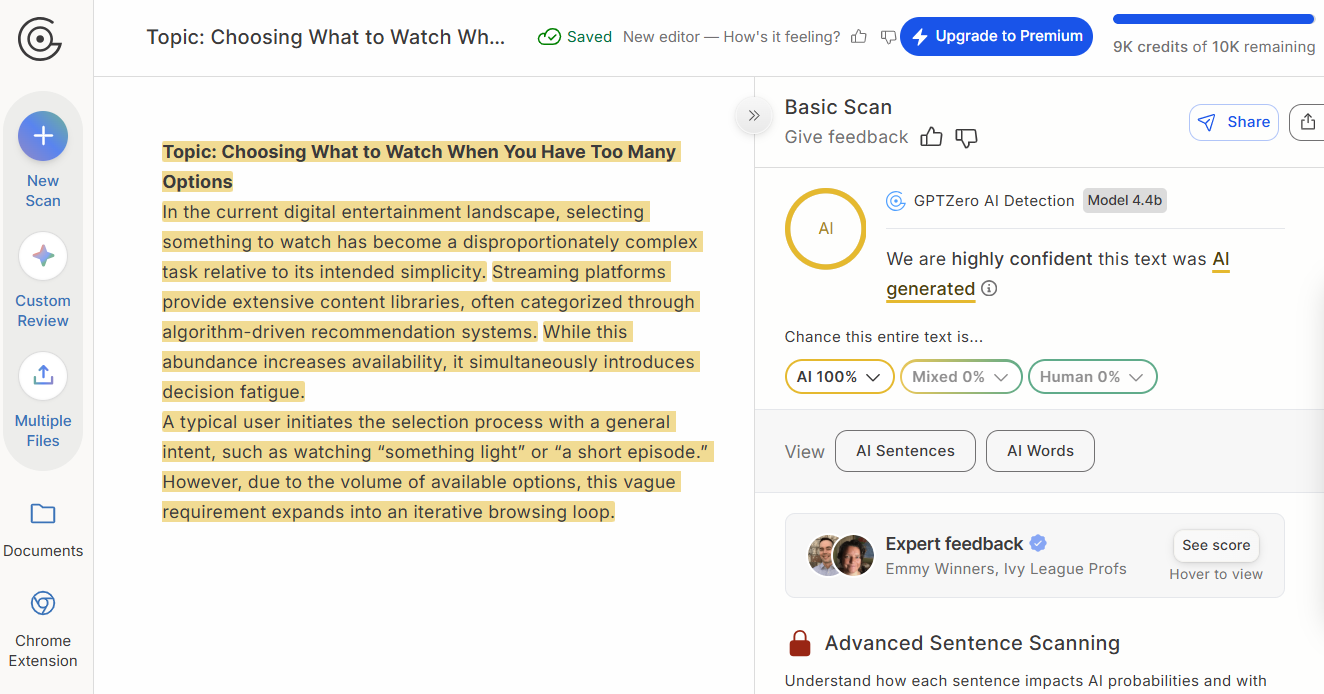 GPTZero’s AI score (100% AI) for ChatGPT-generated text.