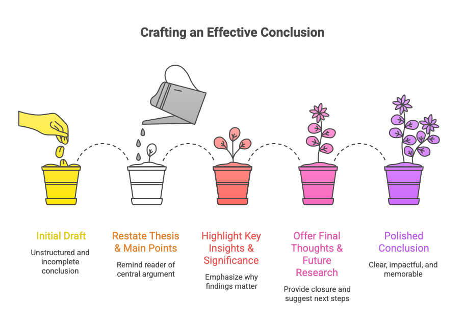 An infographic on 5 steps to writing a conclusion: initial draft; restate thesis; highlight key insights; offer final thoughts; make final edits