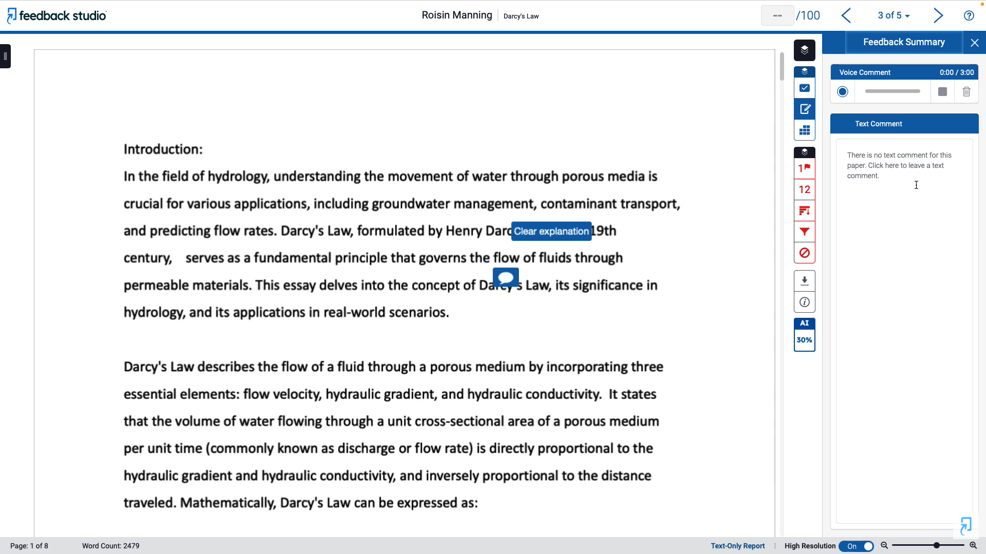 Turnitin Feedback Studio interface displaying a student essay alongside voice comment and text comment options.