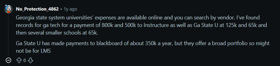 Reddit comment from a user noting Georgia State University pays Blackboard around $350k per year, with other Georgia schools at $65k–$125k.