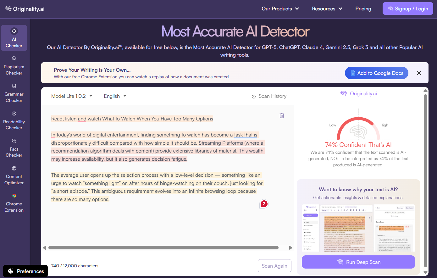 Originality.ai’s AI score (74% AI) on Uncheck AI’s Humanized version of ChatGPT text.