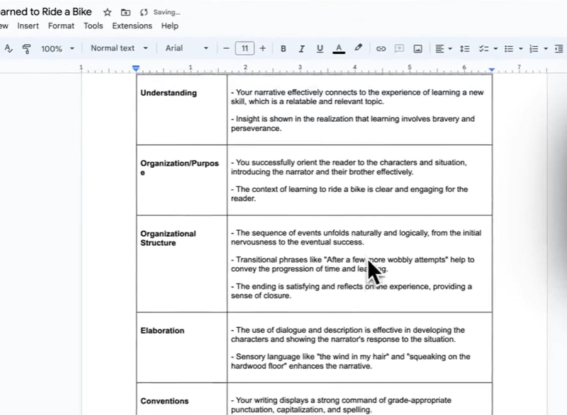 Brisk-generated feedback inserted into a Google Doc, organized by rubric category (Understanding, Organization, Elaboration, Conventions).