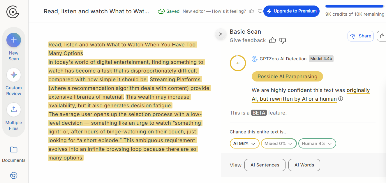 GPTZero’s AI score (96% AI) on Uncheck AI’s Humanized version of ChatGPT text.