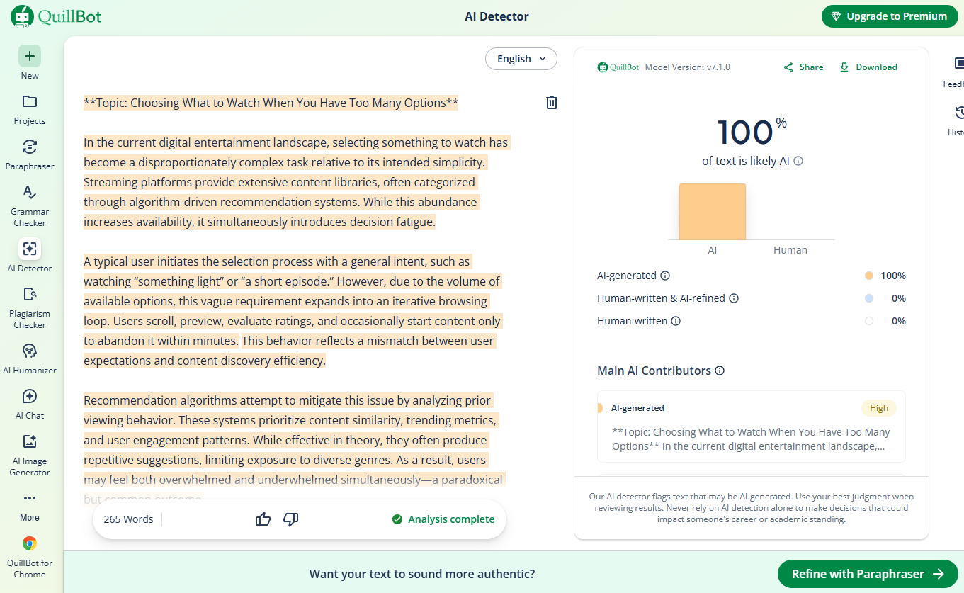 QuillBot’s AI score (100% AI) for ChatGPT-generated text.