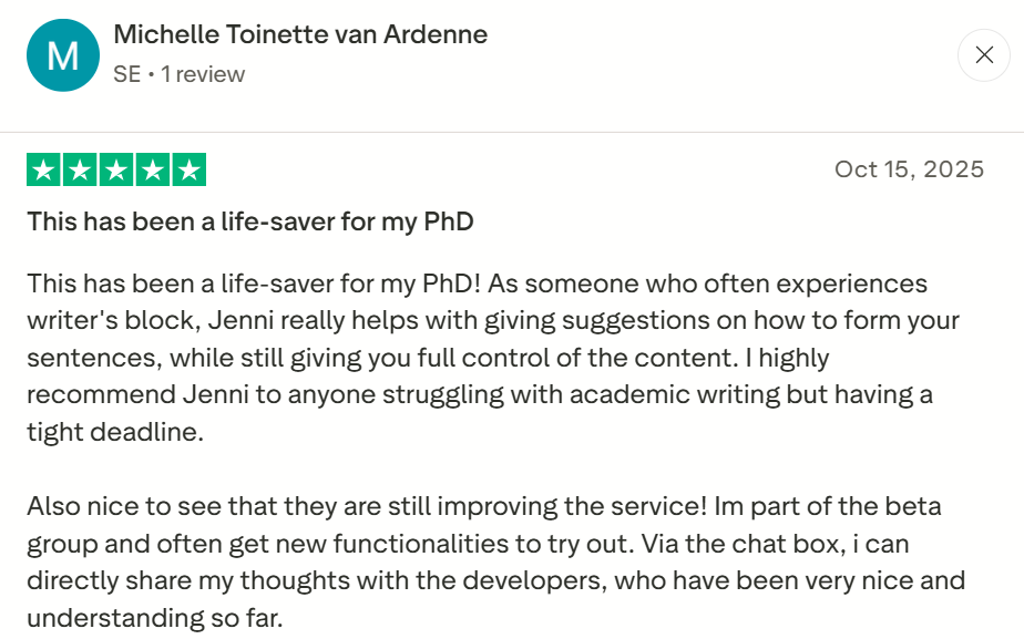 Positive user review of Jenni AI on Trustpilot.