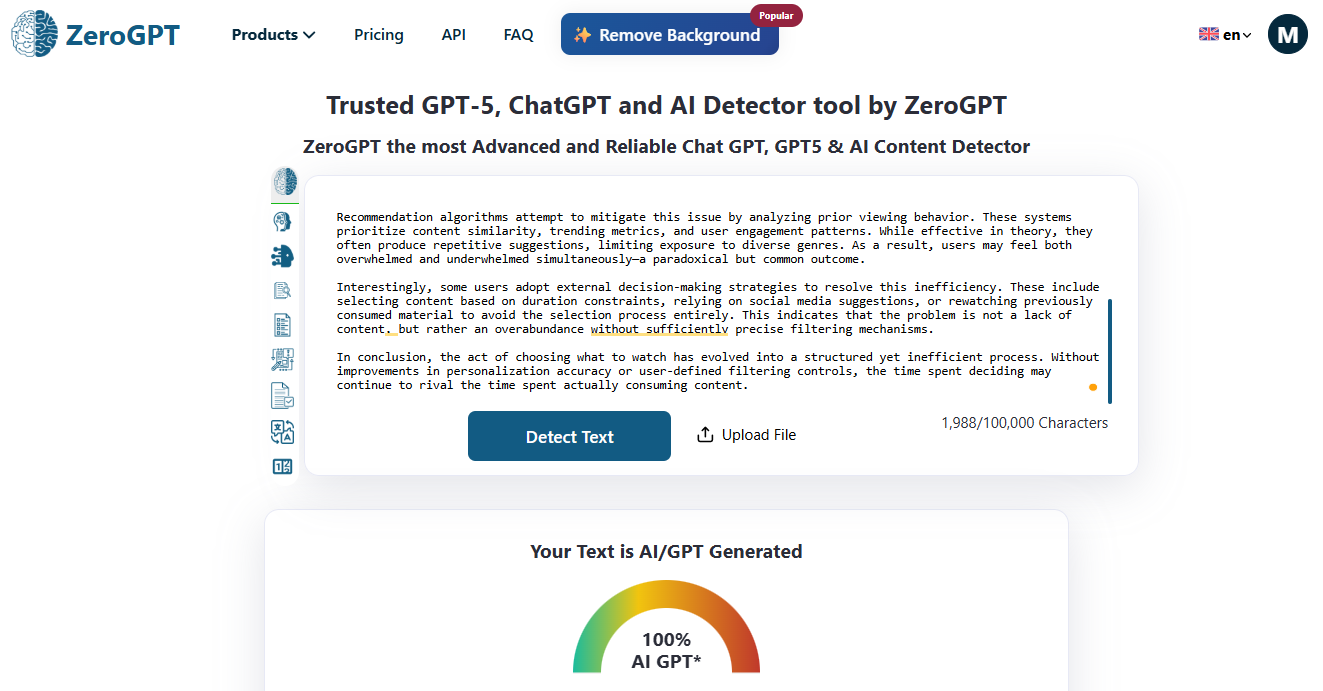 ZeroGPT’s AI score (100% AI) for ChatGPT-generated text.