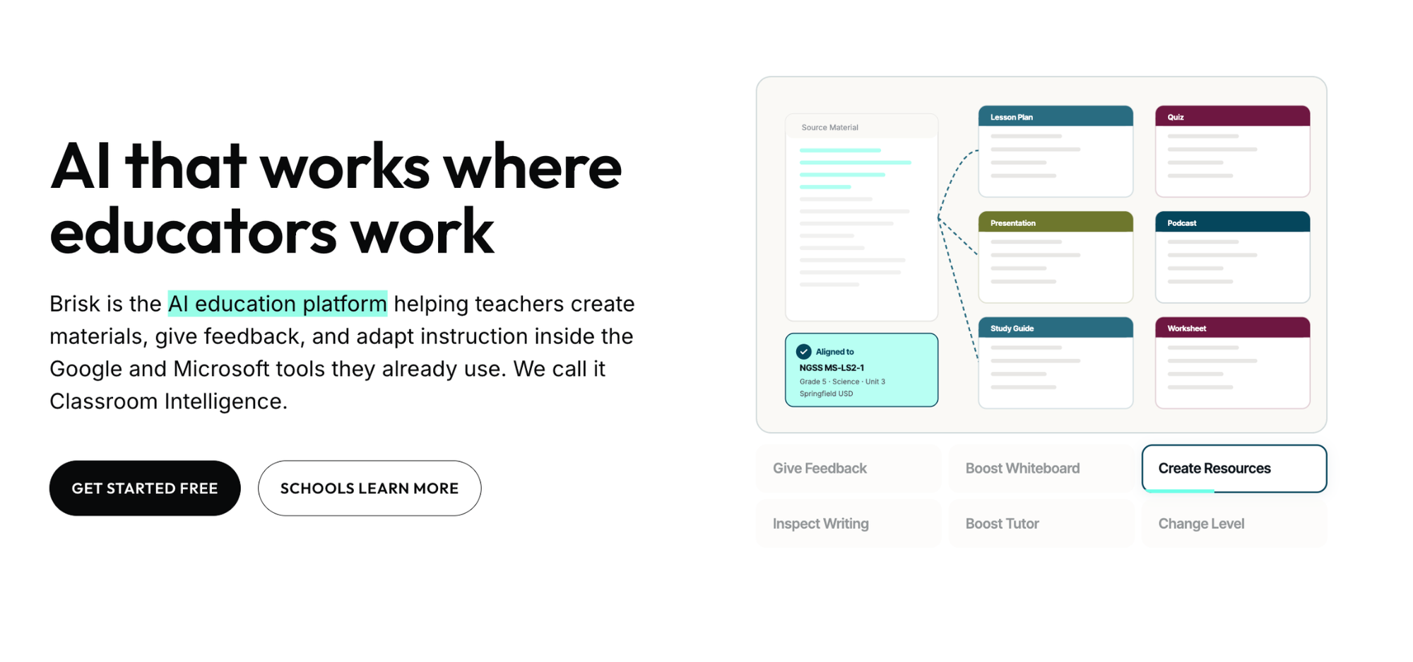 Brisk Teaching homepage with the headline "AI that works where educators work" and tool icons for lesson plans, quizzes, and worksheets.
