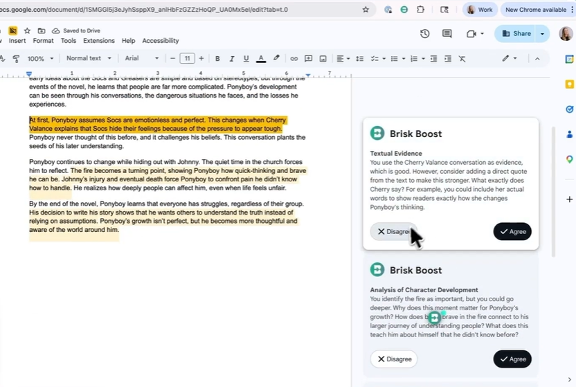 Brisk Boost panel inside Google Docs showing AI-generated feedback comments with Agree and Disagree buttons for the student.