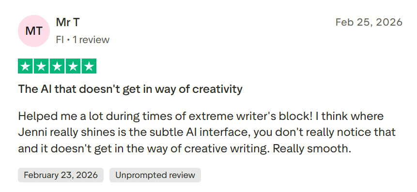 Positive user review of Jenni AI on Trustpilot.