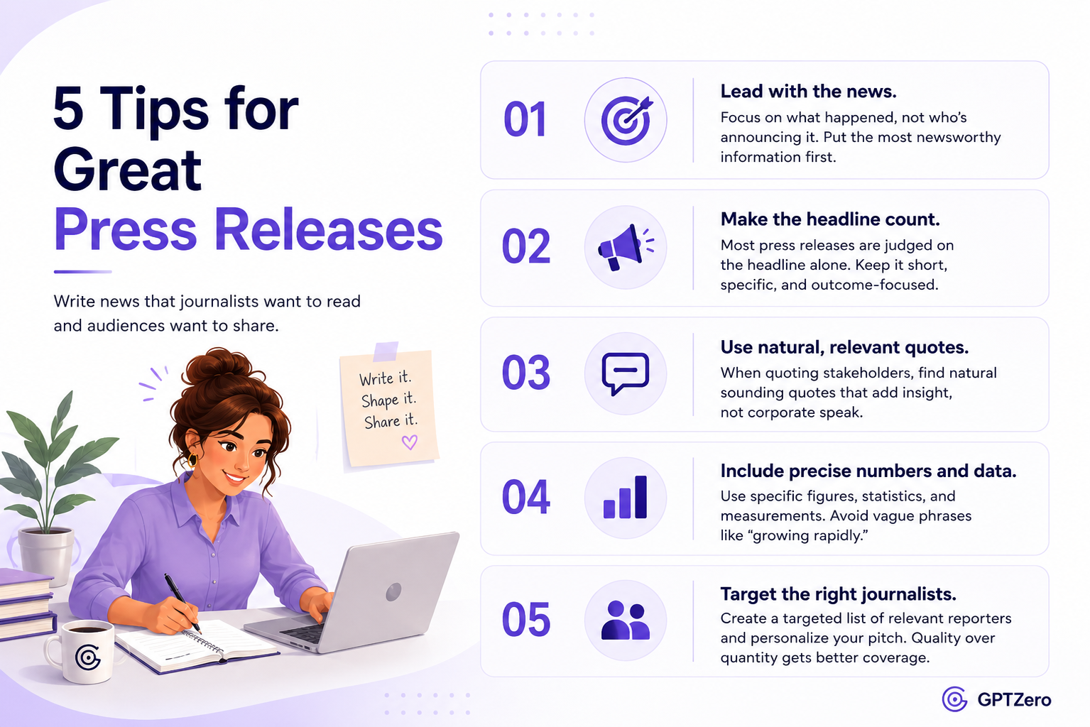 Infographic titled “5 Tips for Great Press Releases” in a clean GPTZero-inspired design featuring a soft lavender and white color palette.