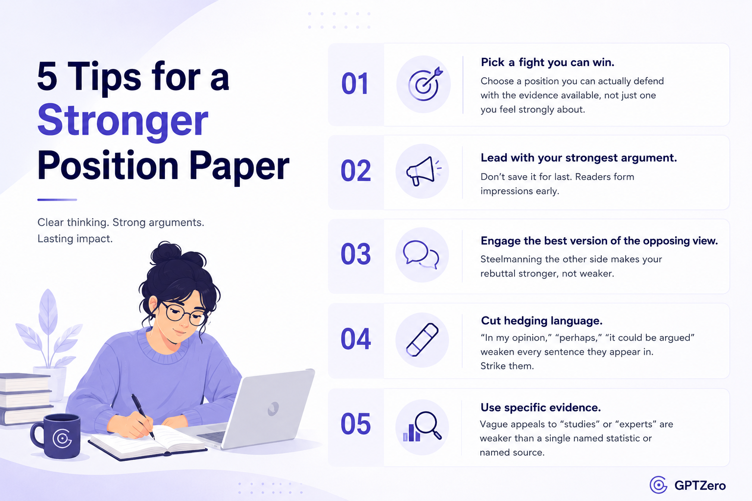 Horizontal infographic titled “Position Paper Example” featuring a complete sample position paper and a companion guide explaining its structure.&nbsp;