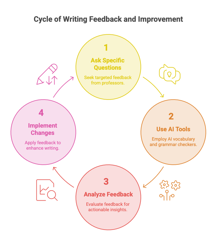 Infographic on feedback and improvement: ask questions, use AI tools, analyze feedback, and implement changes