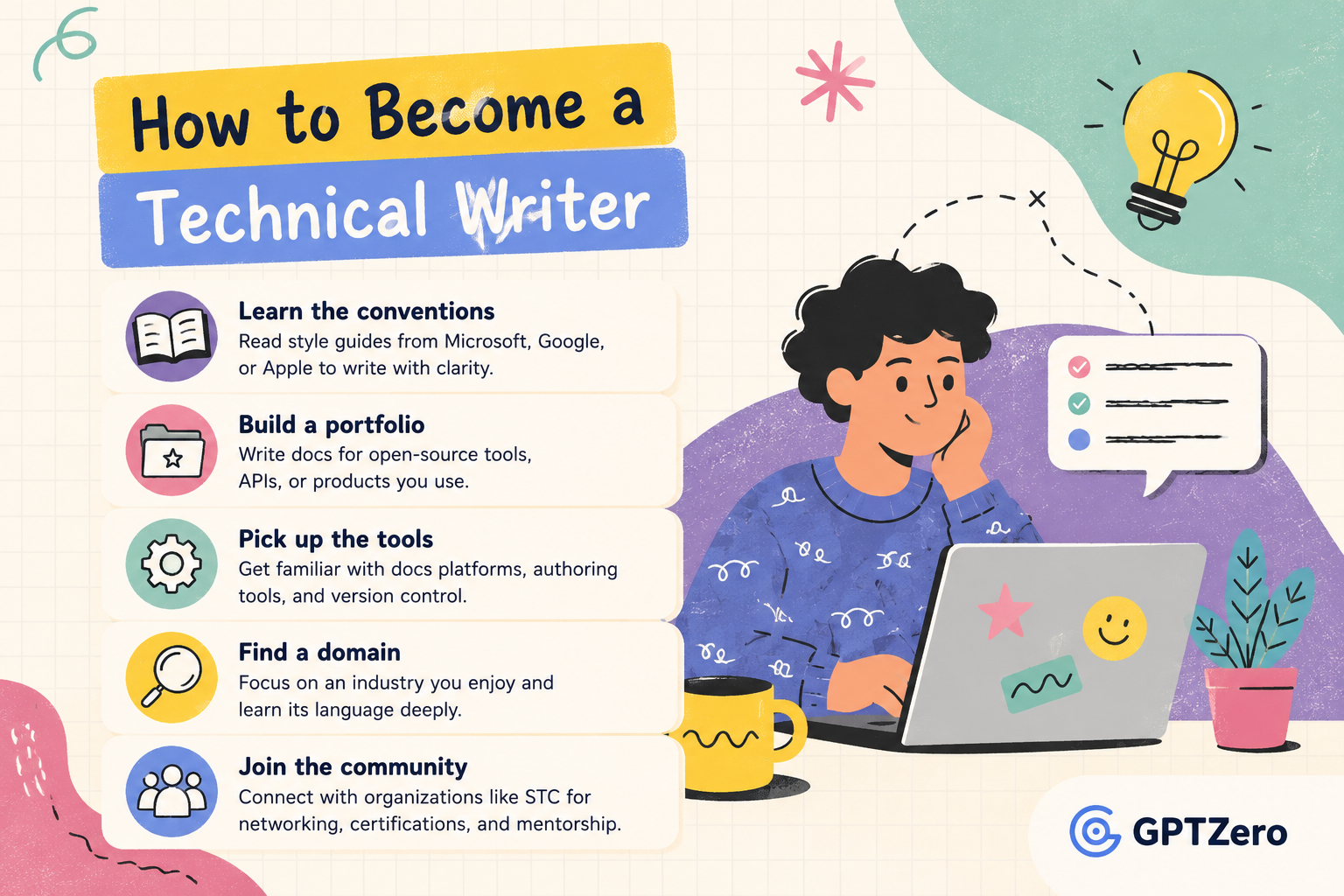 Infographic listing tips on “How to become a technical writer”.&nbsp;