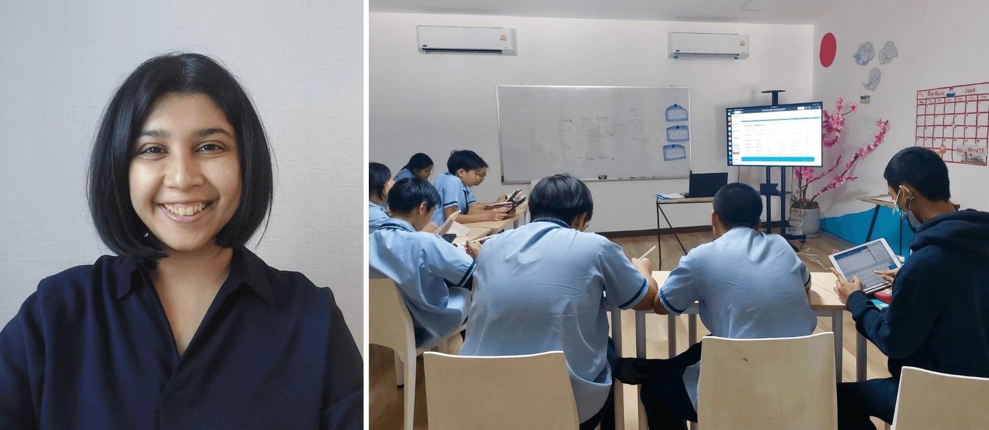 Teacher Humayra Mostafa (left) and a view of her classroom (right)