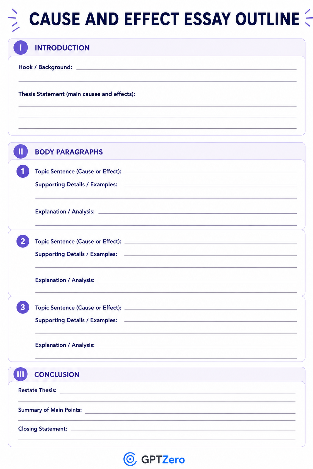 Cause and Effect Essay Outline worksheet designed in a clean educational style with soft lavender accents and a white background.