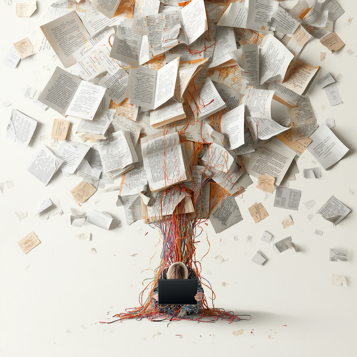 An AI-generated image of flying books and papers connected downward by colourful strings to a seated person holding a laptop.