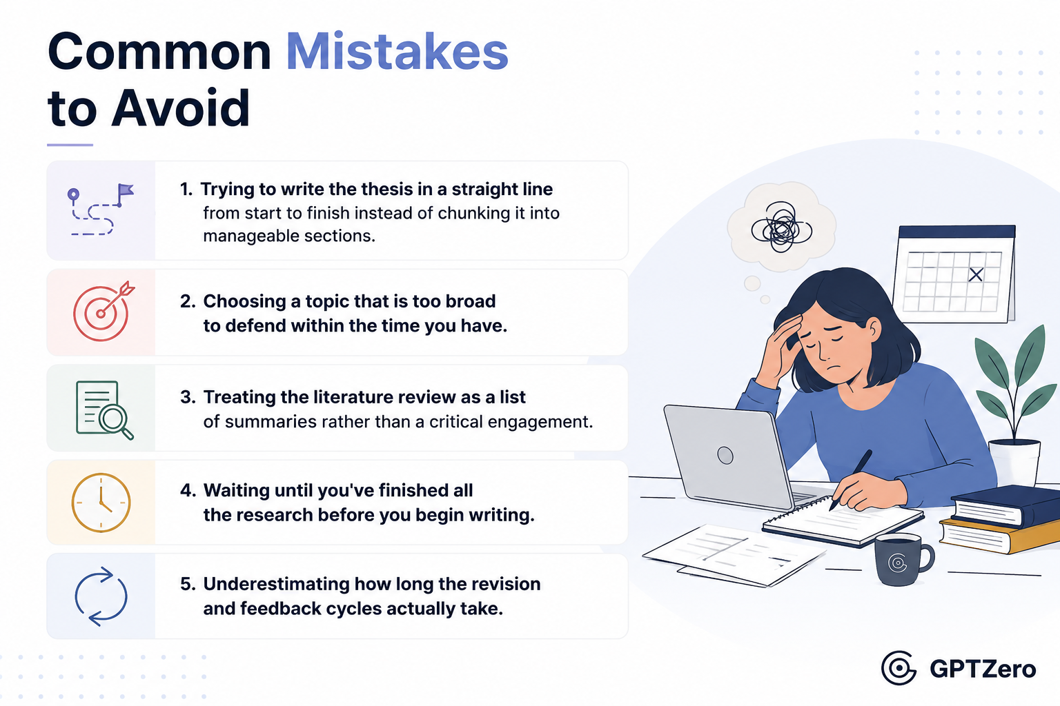 Infographic titled "Common Mistakes to Avoid" highlighting five common thesis-writing mistakes.