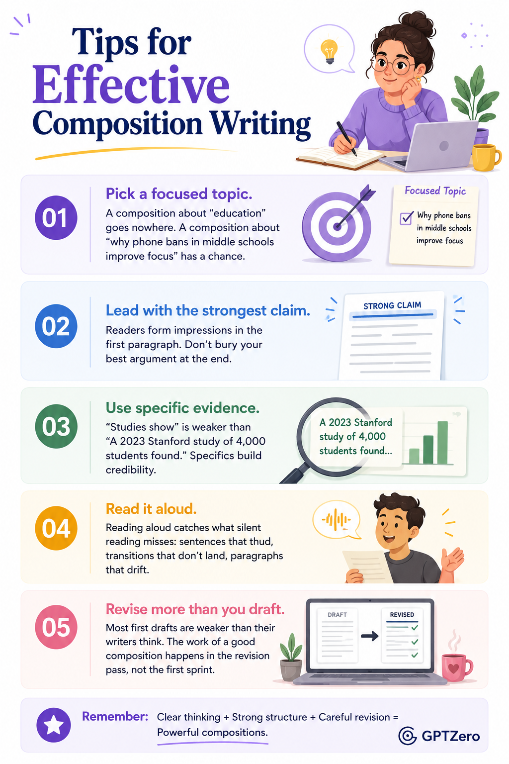 Infographic showing five tips for effective composition writing