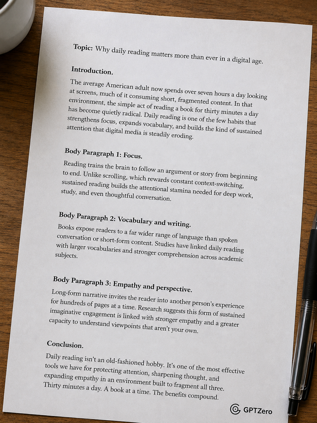 Printed essay on a wooden desk titled “Why daily reading matters more than ever in a digital age.”