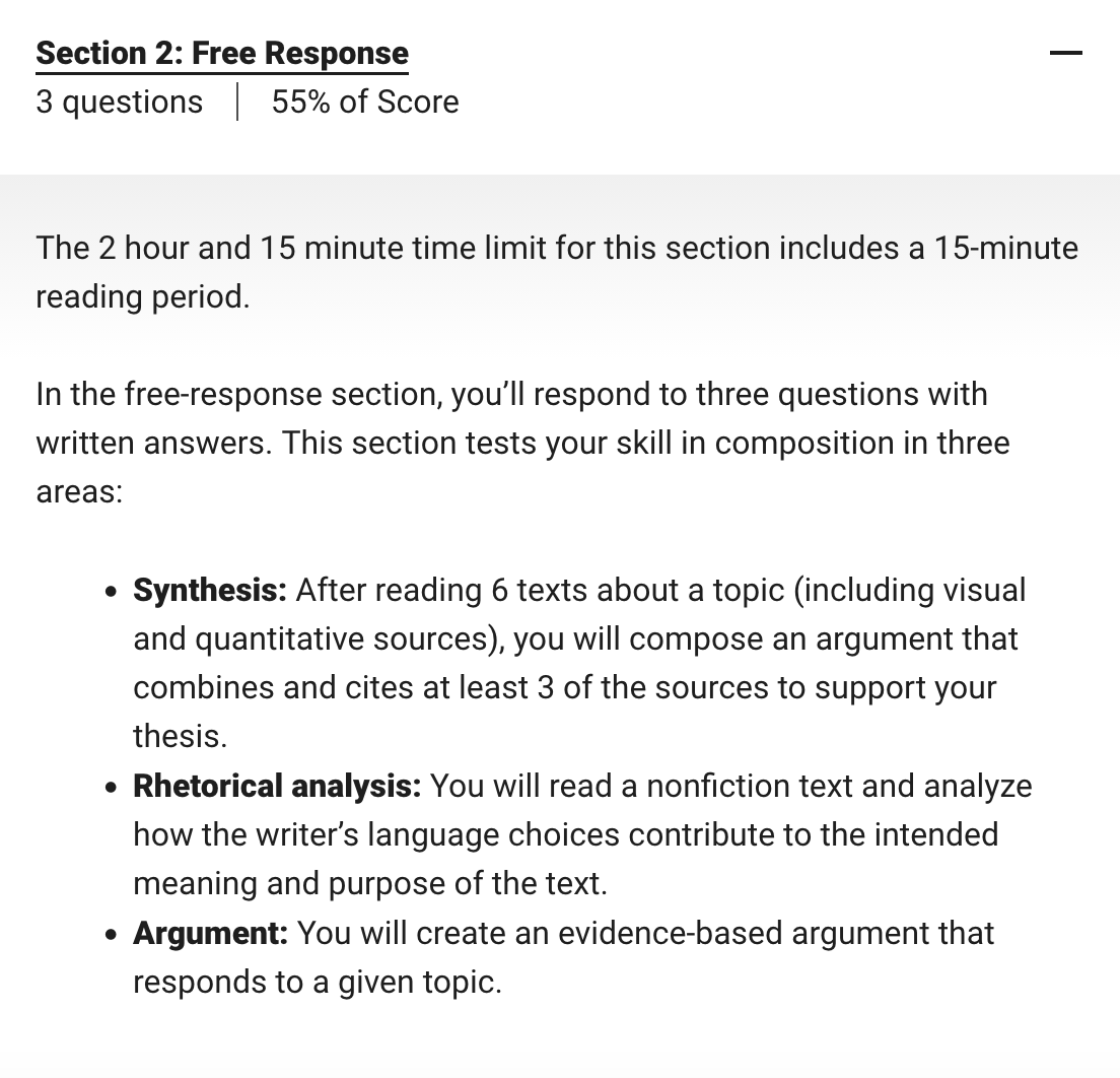 Screenshot of Section 2 official exam components, including three composition areas: synthesis, rhetorical analysis, and argument