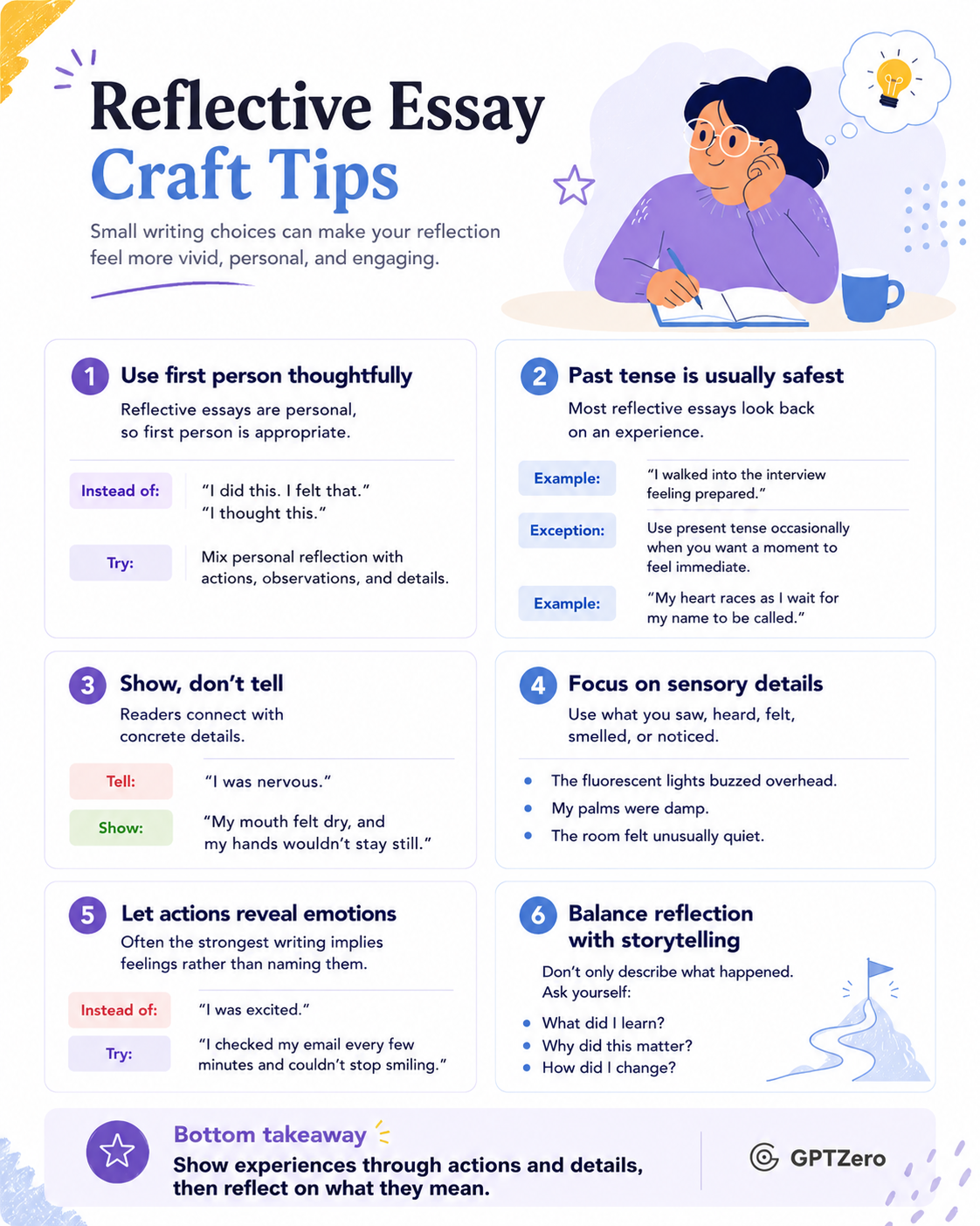 Infographic showing six tips for writing a narrative essay.&nbsp;