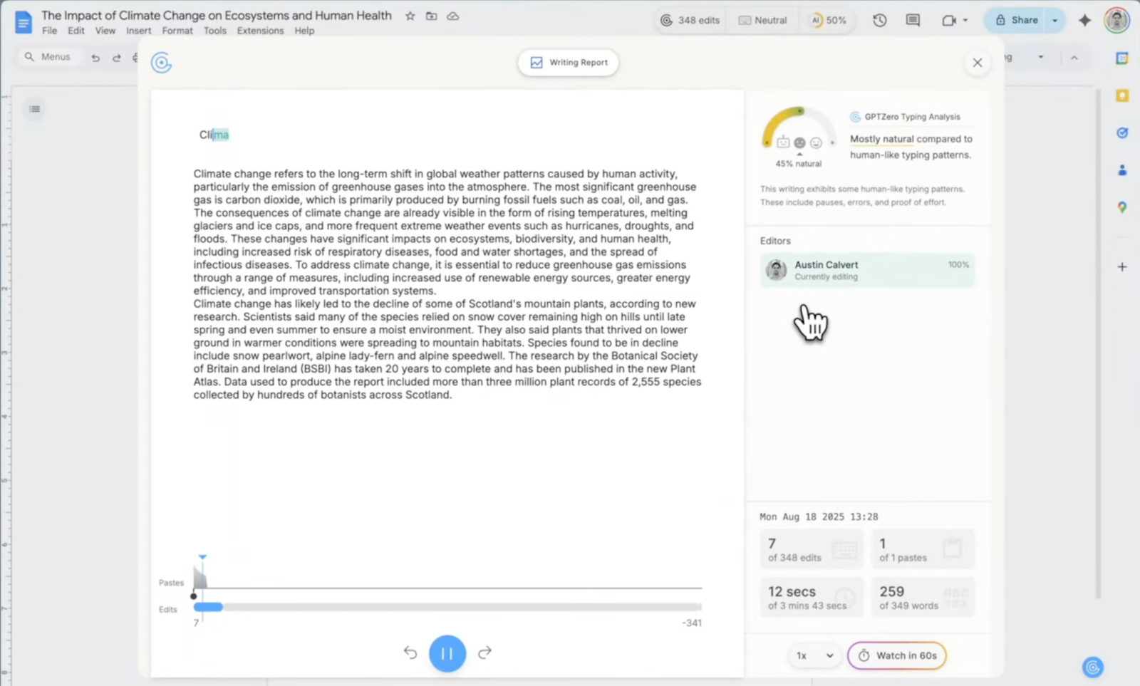 Panel de seguimiento de escritura de GPTZero