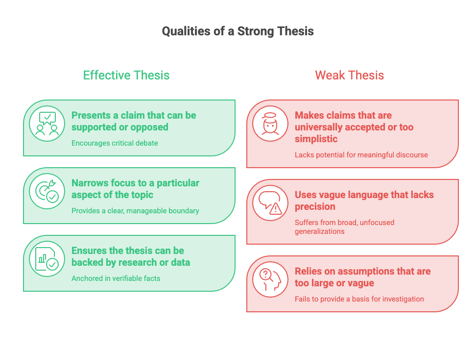  A red and green infographic of effective thesis qualities versus weak thesis qualities