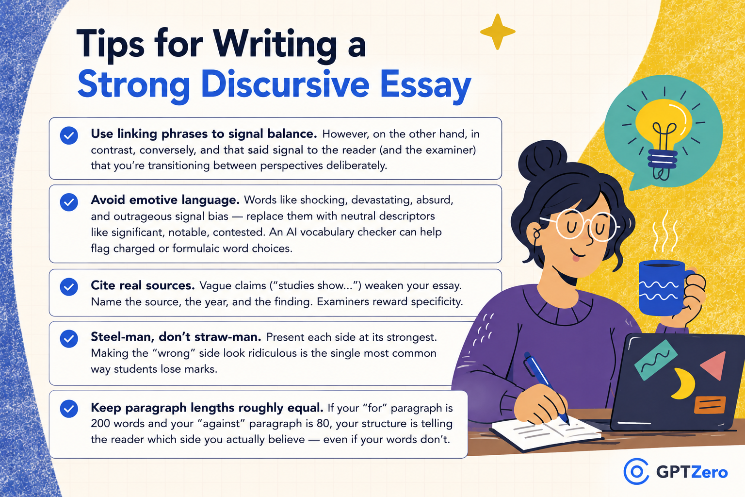 Infographic titled “Tips for Writing a Strong Discursive Essay” on a light grid-pattern background with blue and yellow accents.