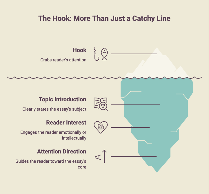 An infographic about essay hooks. The tip of the iceberg is catching the reader's attention, the rest is about introducing the topic, sustaining interest, and directing attention to the essay topic