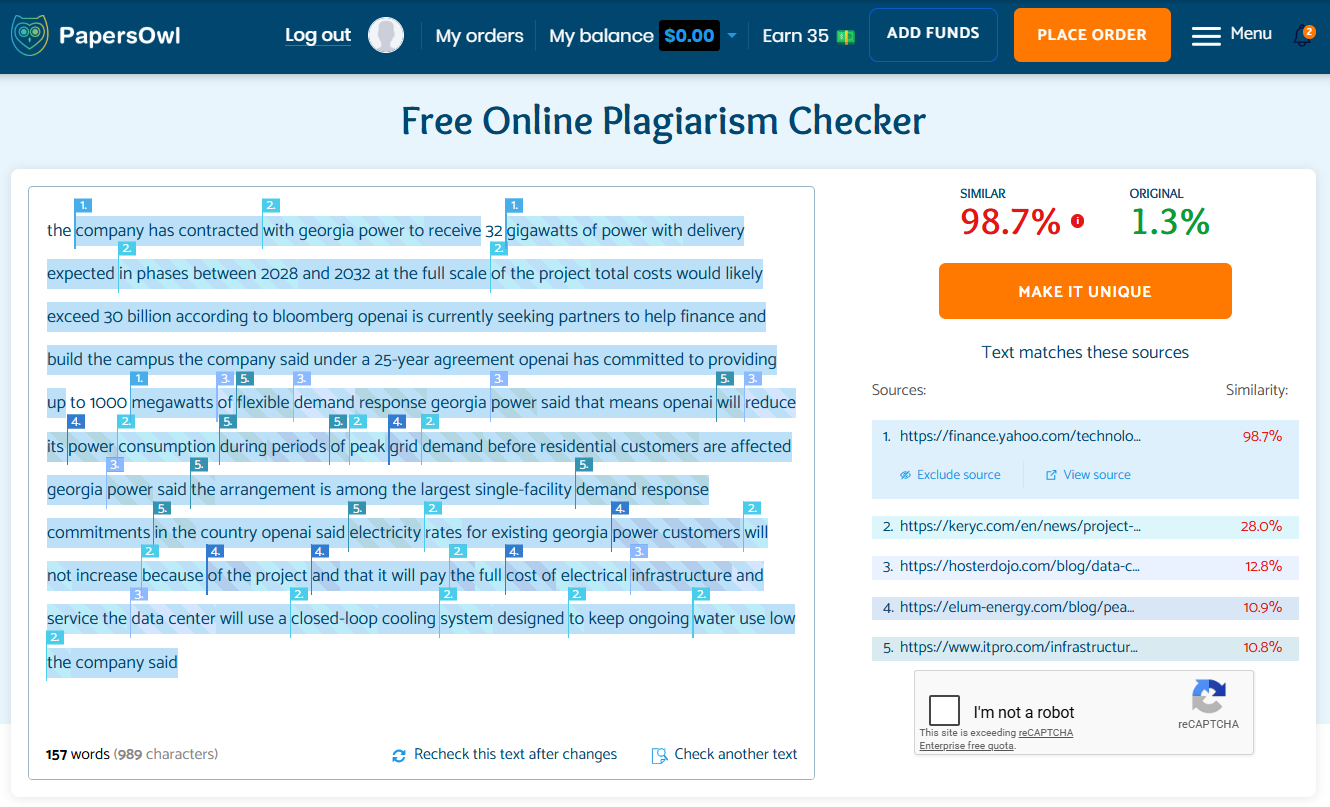 PapersOwl plagiarism checking report.