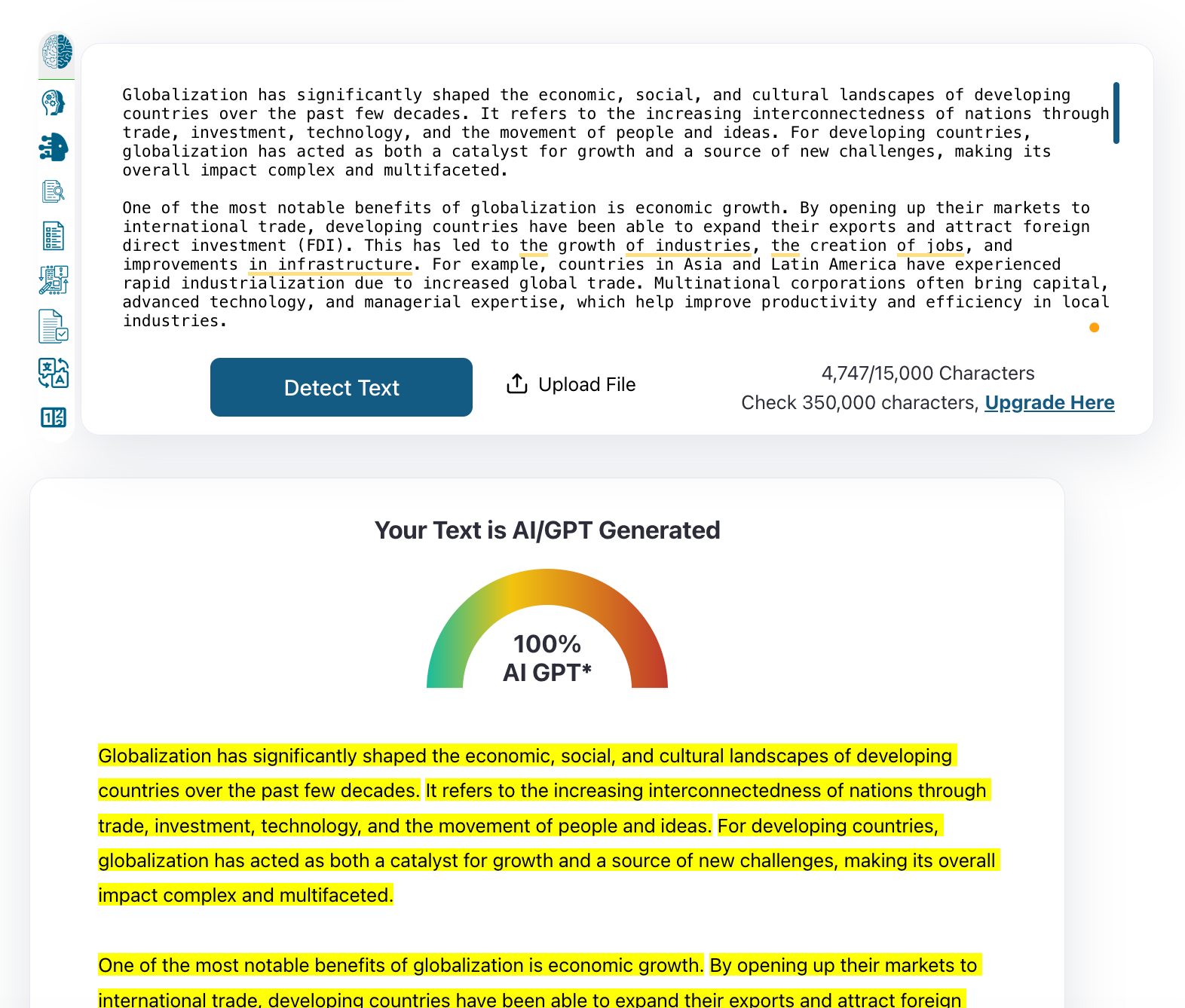 ZeroGPT correctly flagged ChatGPT-generated text as 100% AI.