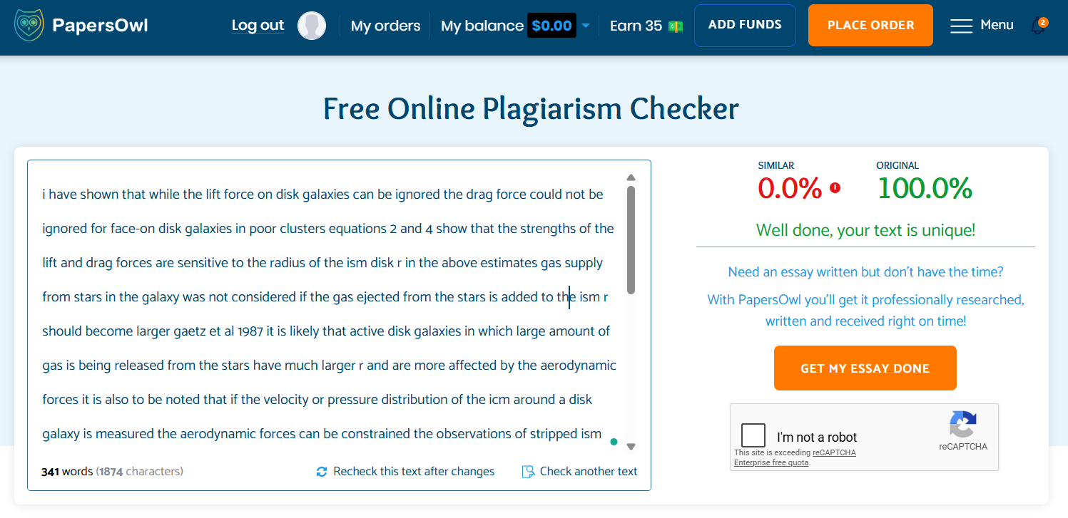 PapersOwl plagiarism checker couldn’t identify the plagiarized academic source and gave the wrong plagiarism score of 0%.