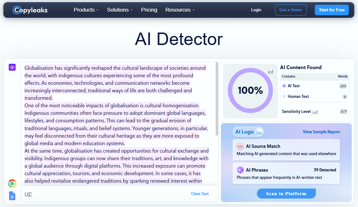 Copyleaks correctly flagged the ChatGPT-generated text as 100% AI-written.