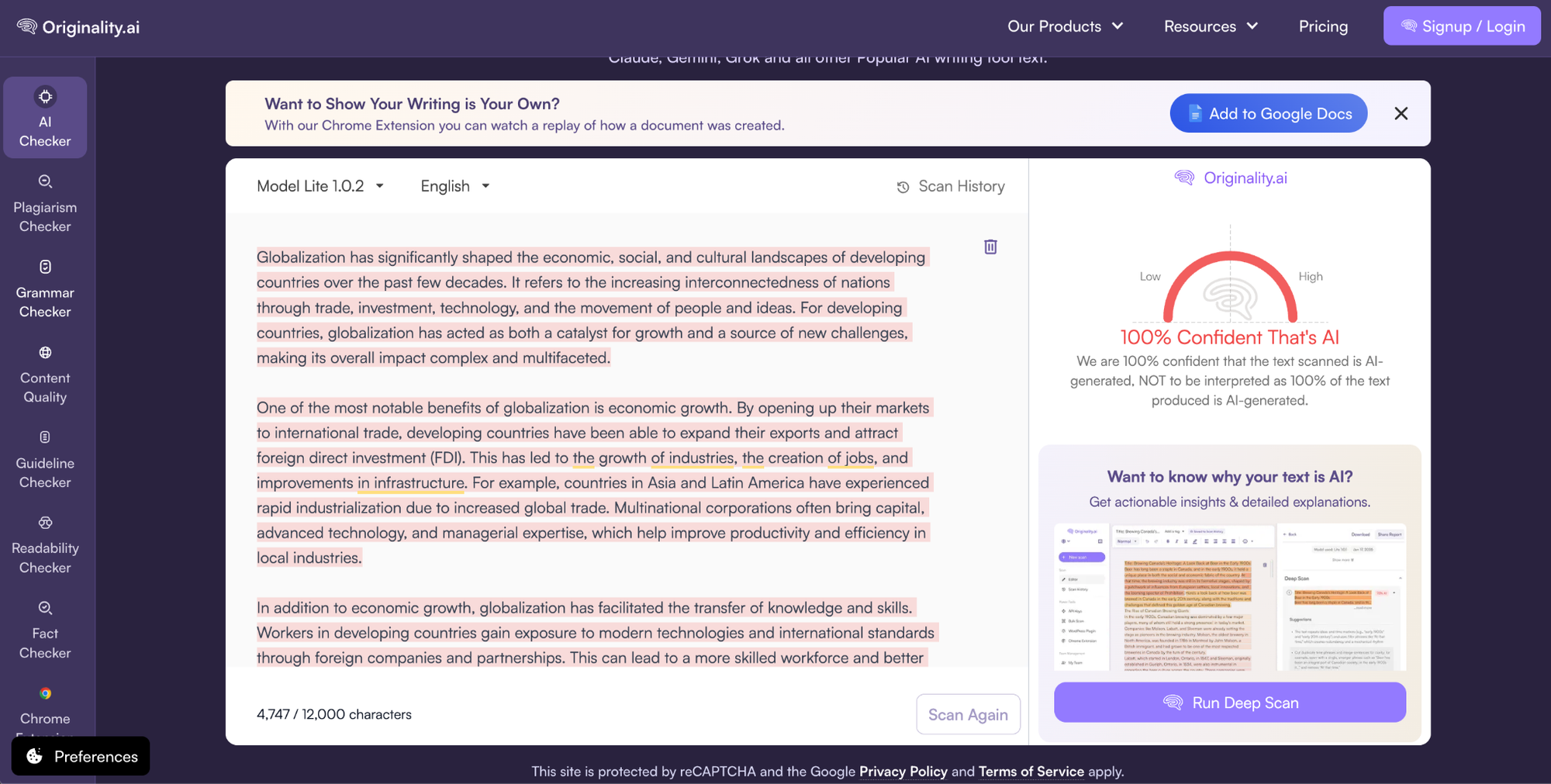 Originality AI correctly flagged ChatGPT-generated text as 100% AI.