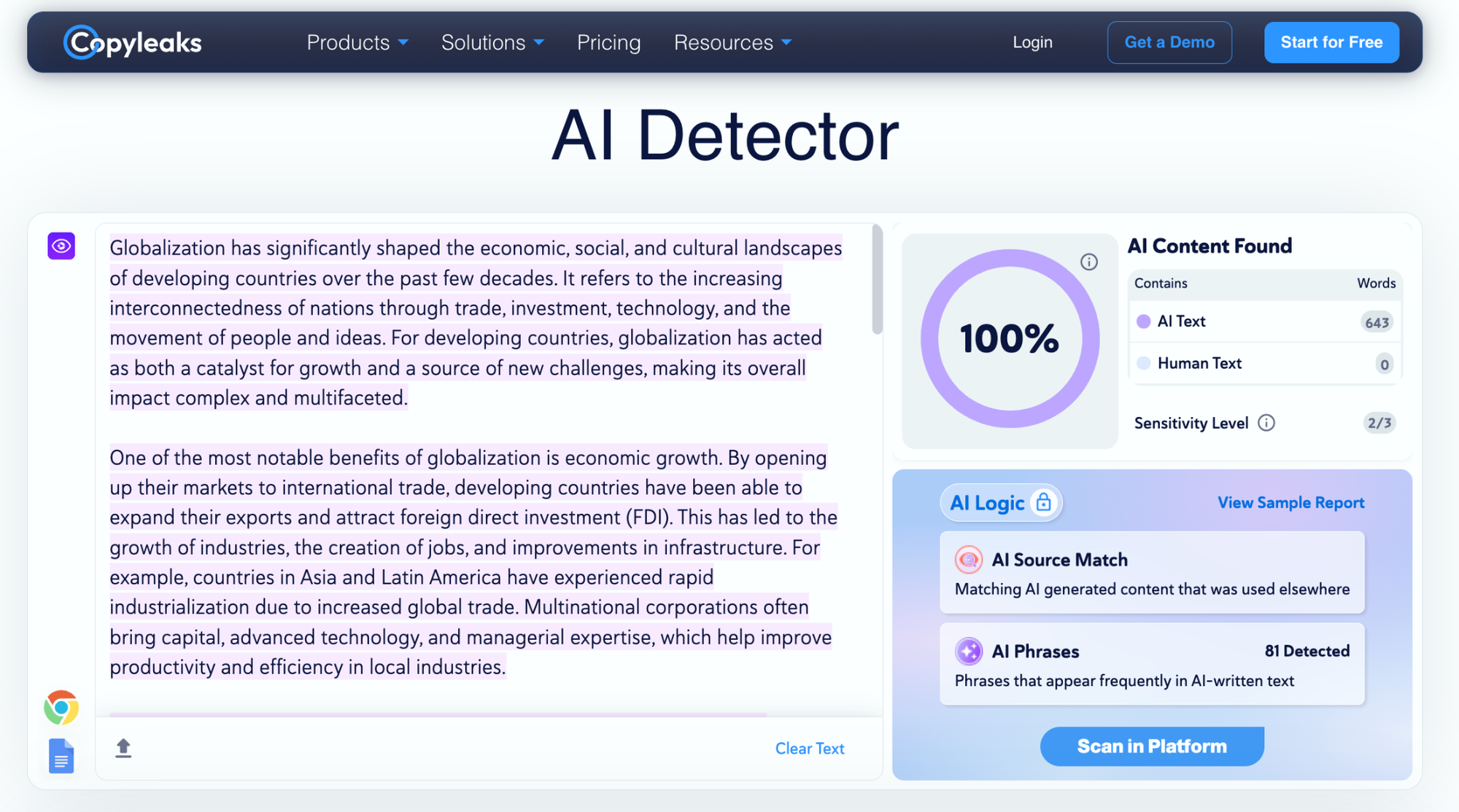 Copyleaks correctly flagged ChatGPT-generated text as 100% AI.