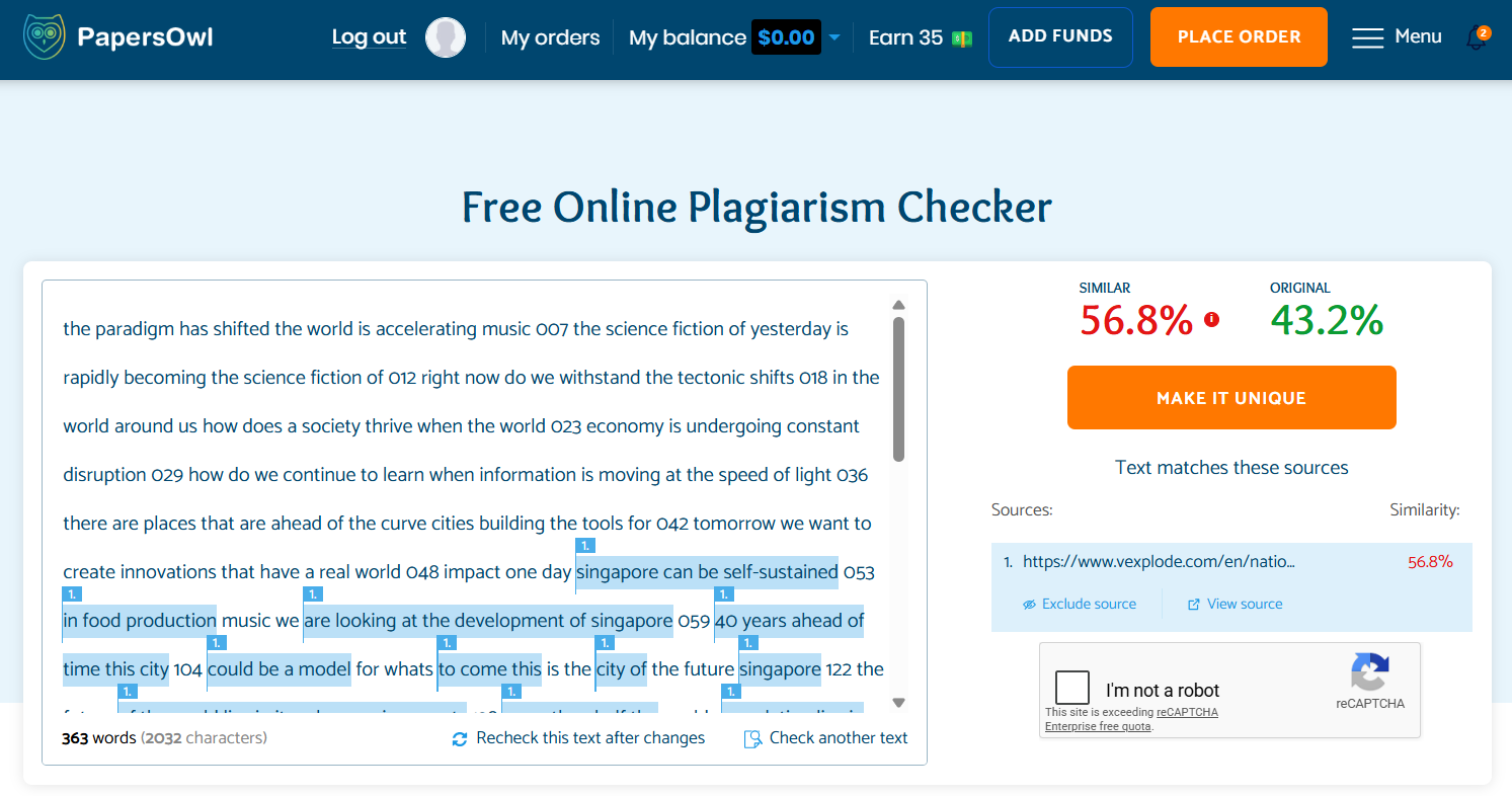 PapersOwl plagiarism checker couldn’t identify the plagiarized source and gave the wrong plagiarism score.