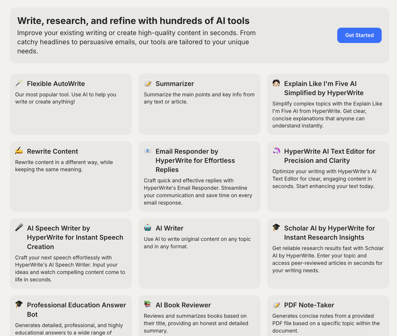 HyperWriteAI list of AI tools.