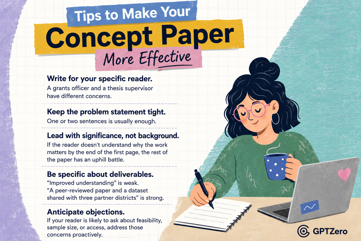 Illustrated infographic titled "Tips to Make Your Concept Paper More Effective" featuring five practical writing tips in a clean, editorial-style layout.
