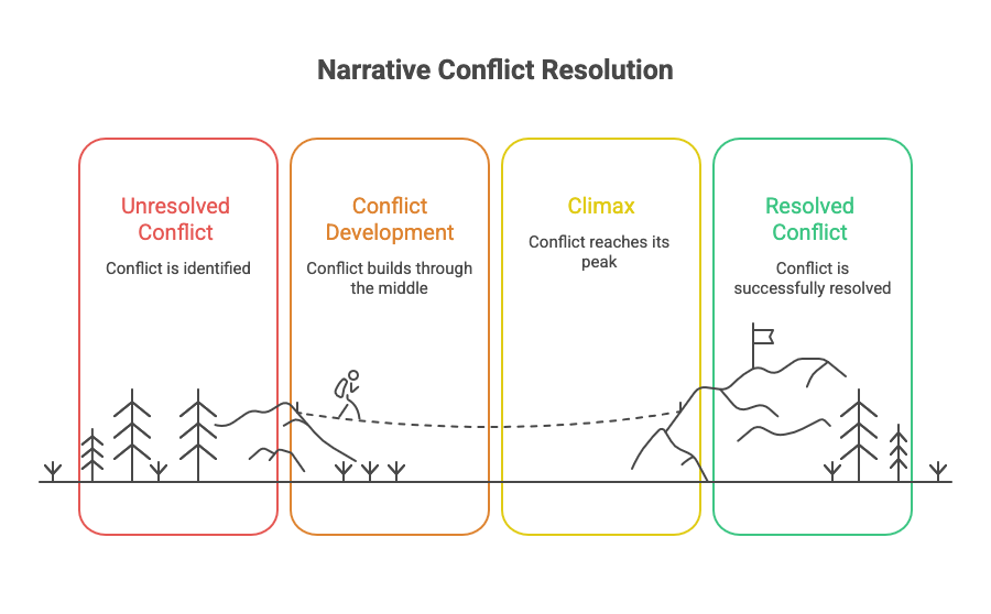 An infographic shows a stick-figure hiking from mountain to mountain, moving from unresolved conflict, to conflict development, to climax, to resolved conflict.